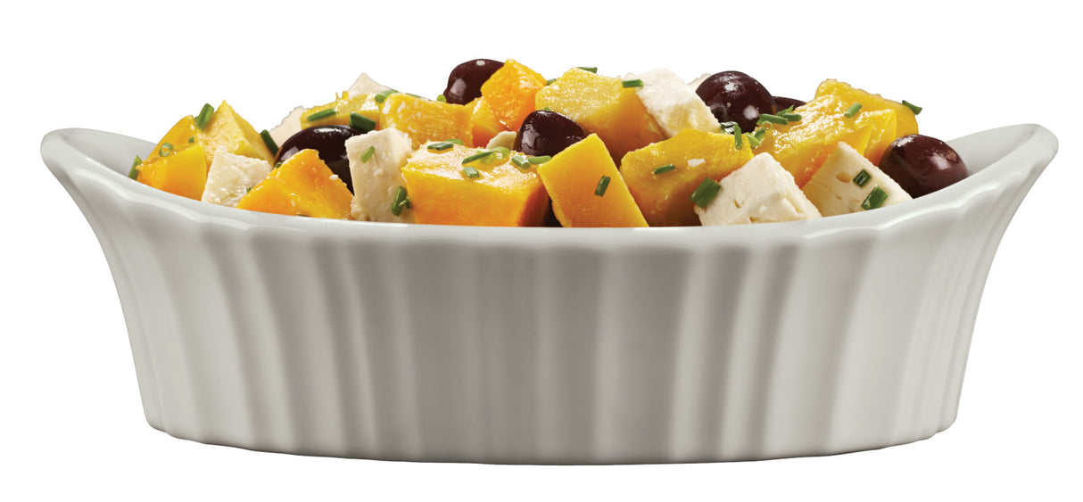 Corningware French White 18.6-ounce appetizer bowl with food inside
