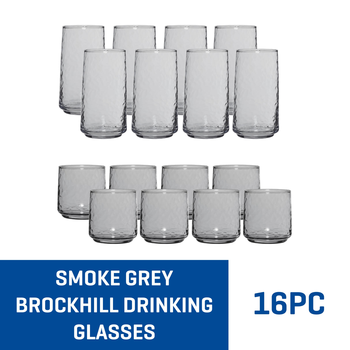 Anchor Hocking Brockhill Smoke Gray Drinking Glasses (16-Pieces, 14.8-ounce and 20.6-ounce, dishwasher safe)