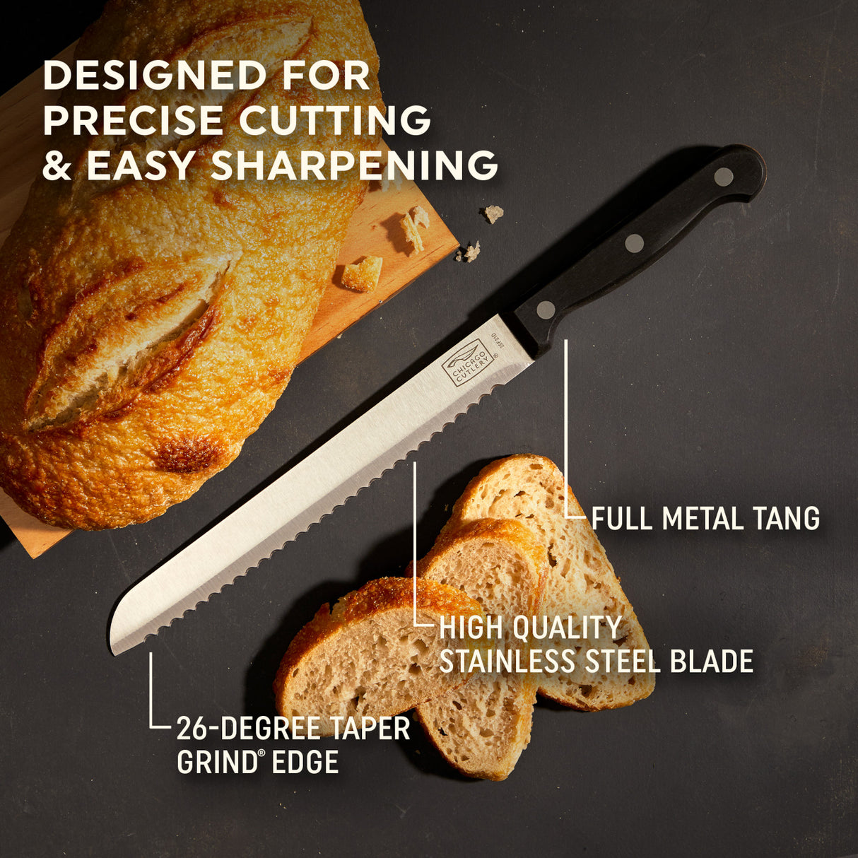 Essentials 8" Serrated Bread Knife shown with bread and text designed for precise cutting & easy sharpening, full metal tang, high quality stainless steel blade, 26"-inch degree taper grind edge