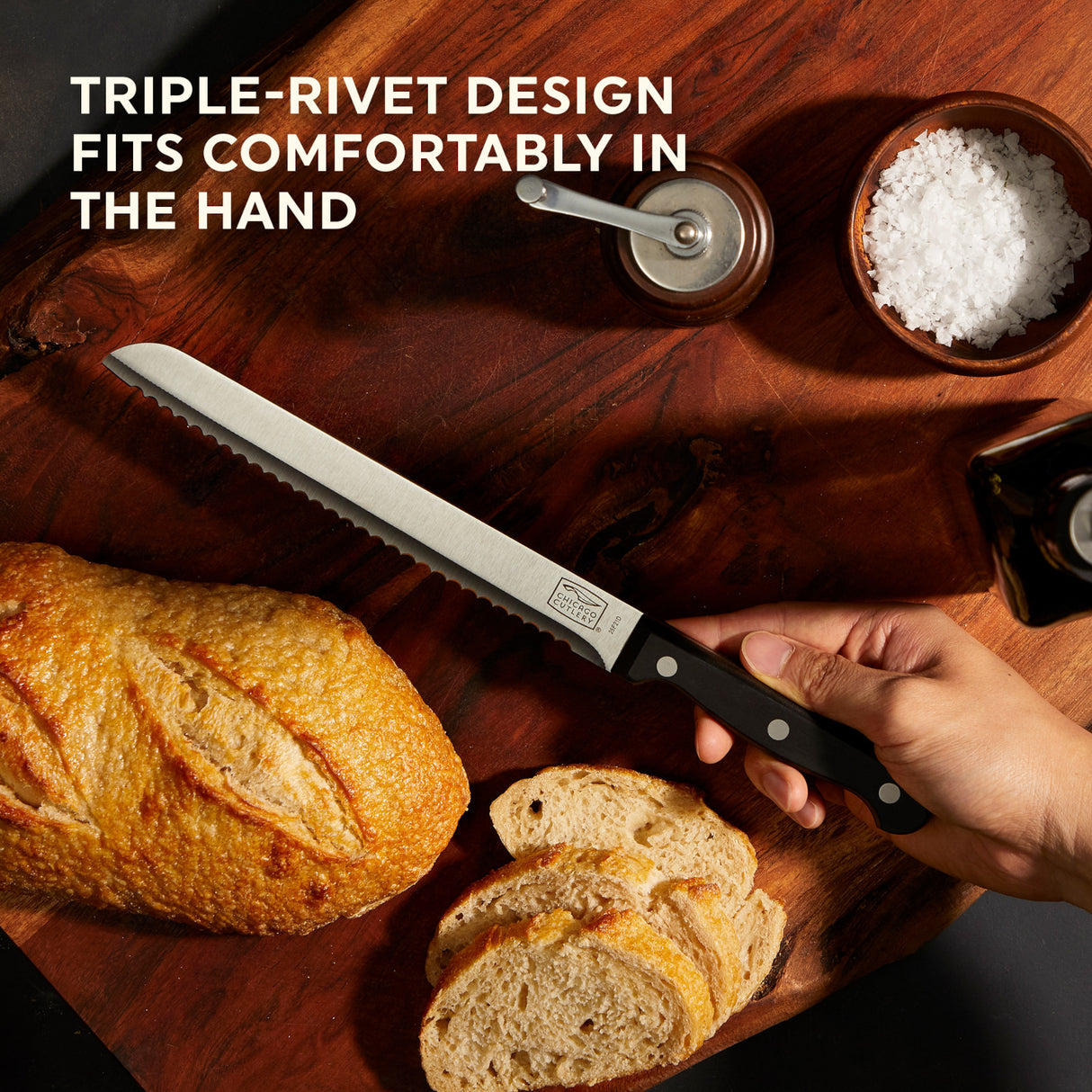 Essentials 8" Serrated Bread Knife with bread and text triple-rivet design fits comfortably in the hand