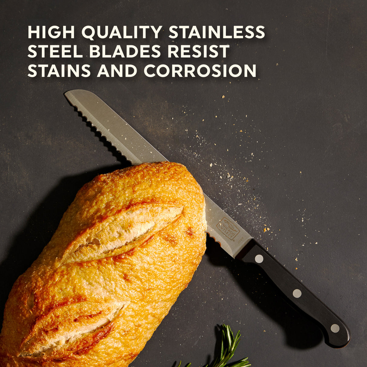 Essentials 8" Serrated Bread Knife with bread and text high quality steel blades resist stains and corrosion