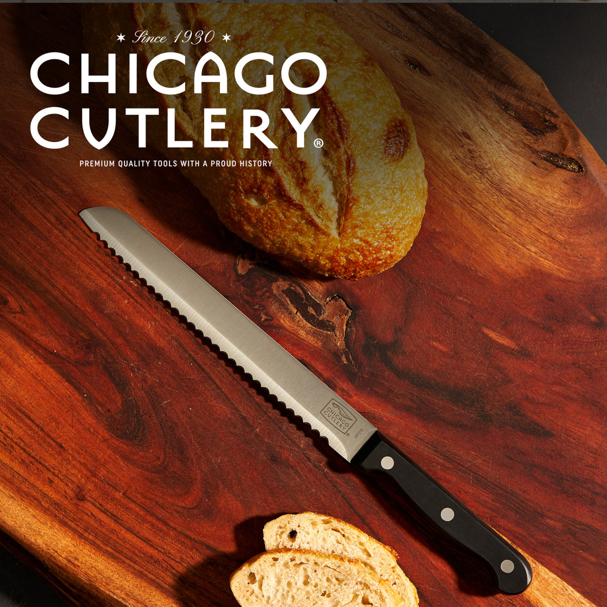Essentials 8" Serrated Bread Knife with bread and text Chicago Cutlery premium quality tools with a proud history since 1930