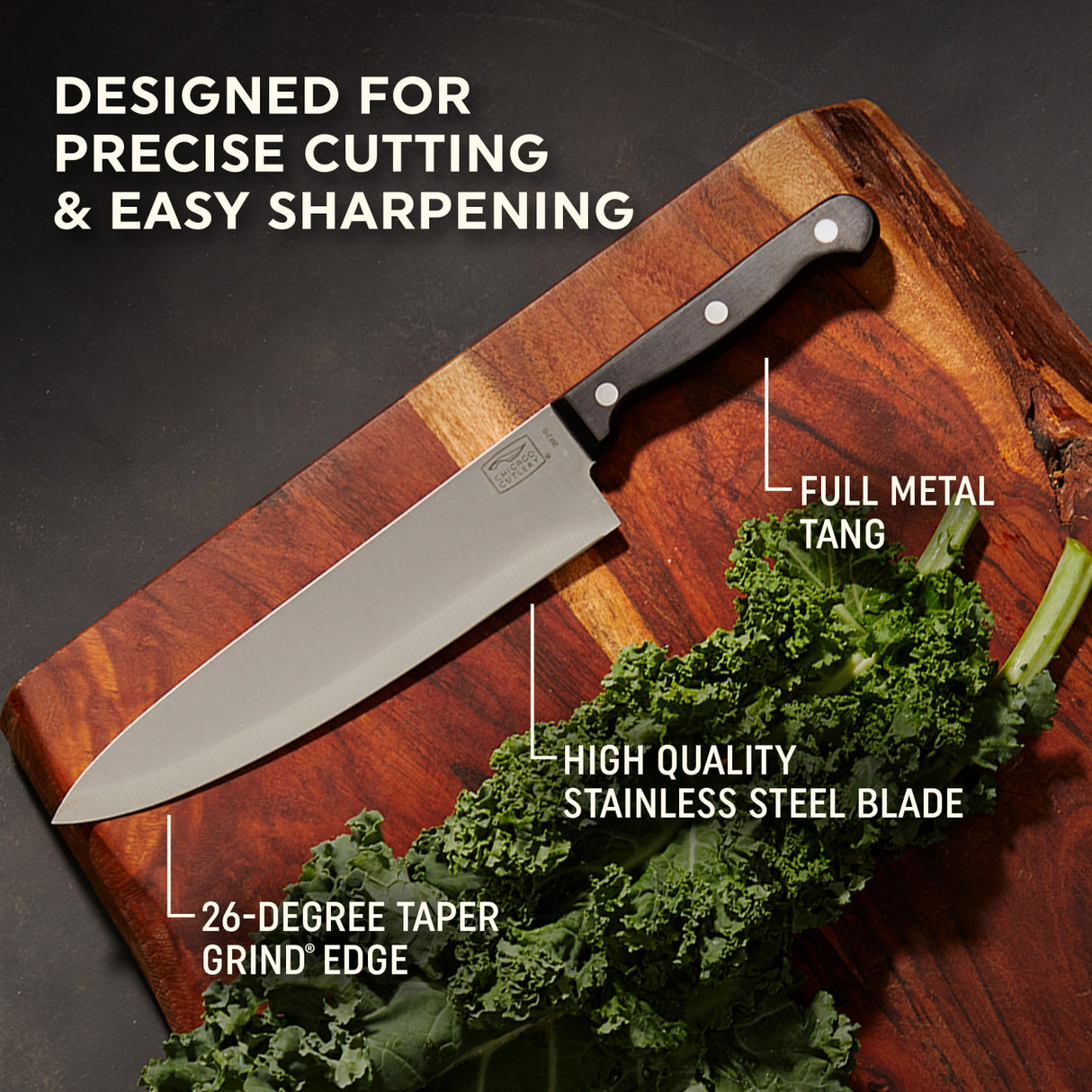 Chef Knife with text designed for precise cutting & easy sharpening, full tang, high quality stainless blade, 26-degree taper grind edge