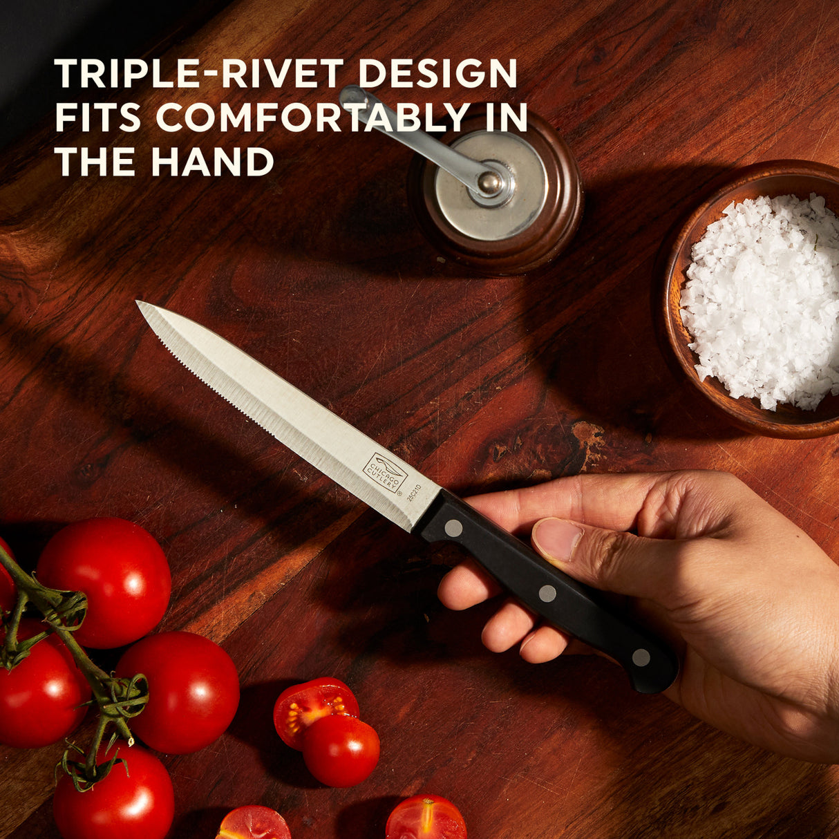 text triple-rivet design fits comfortably in the hand