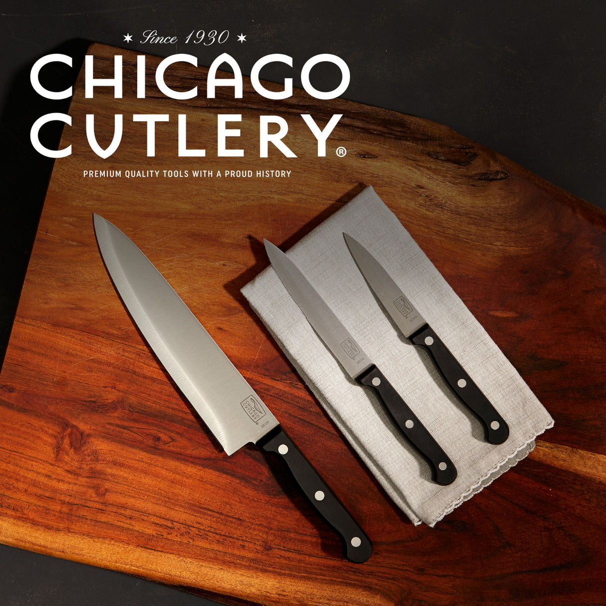 Photo of Essentials 3pc with text Chicago Cutlery since 1930, premium quality tools with a proud history
