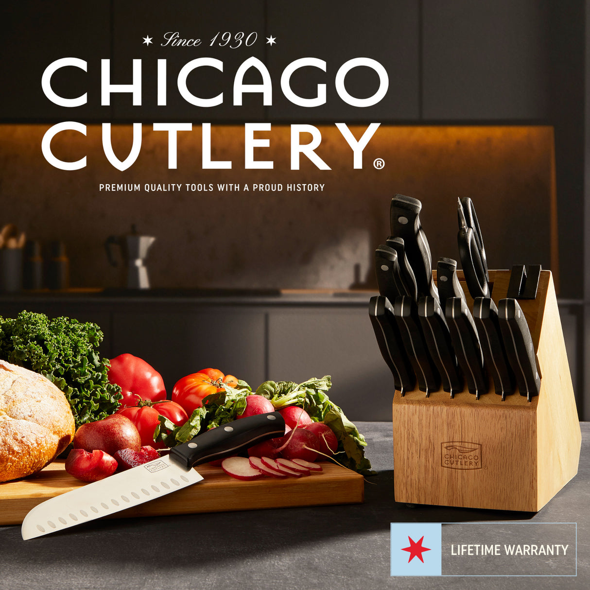 images of Ellsworth block set with text Chicago Cutlery premium quality tools with a proud history since 1930