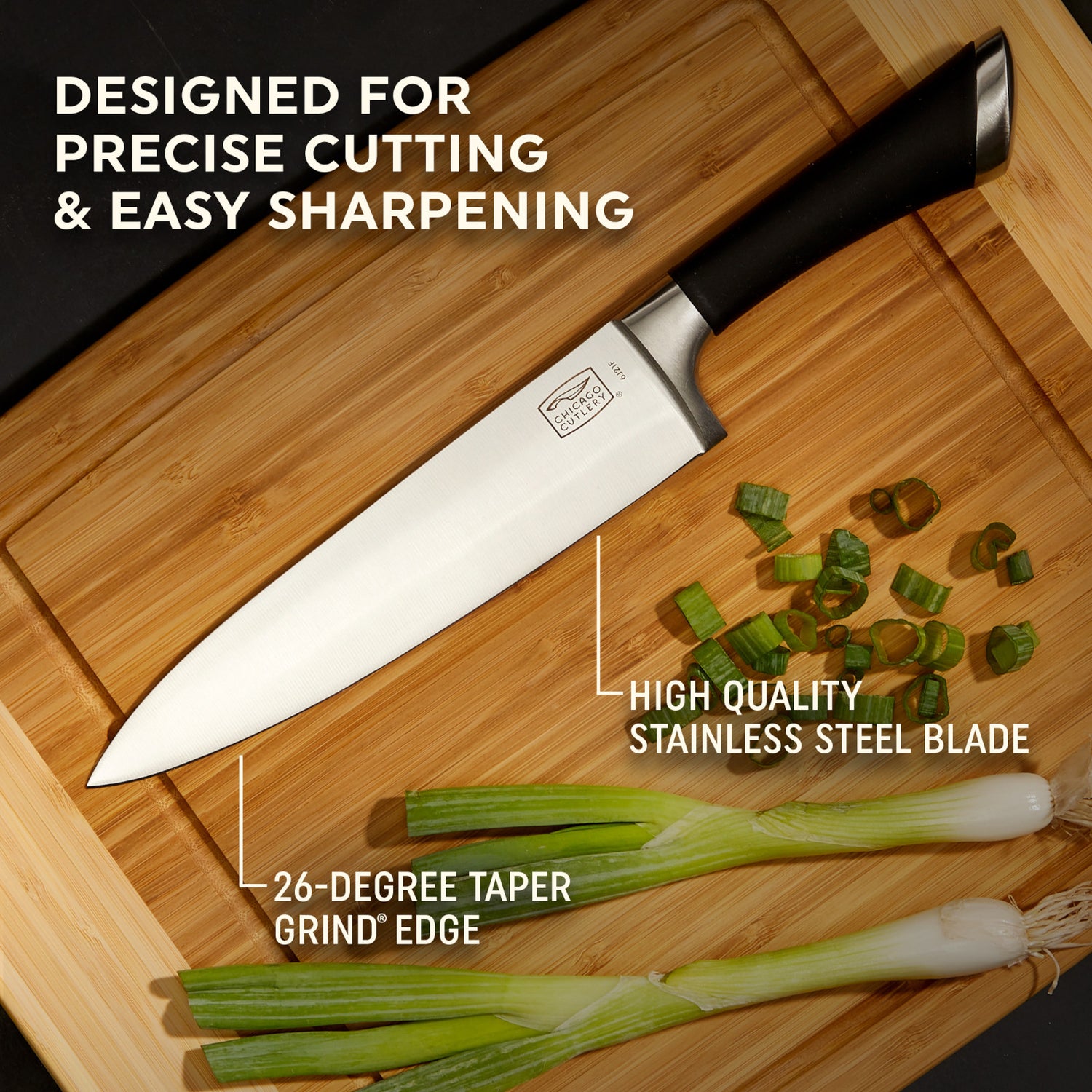 Chicago Cutlery Fusion Chef Knife on cutting board with onion with text designed for precise cutting & easy sharpening, high-quality stainless steel blade, 26-degree grind edge