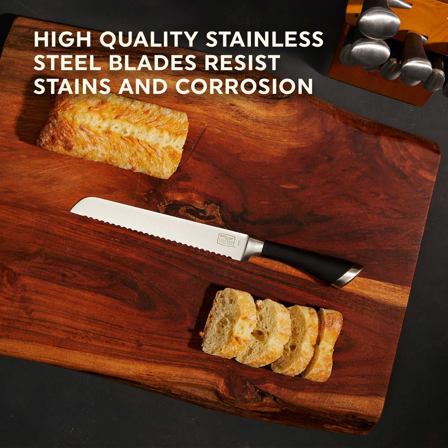 Chicago Cutlery Fusion serrated bread knife on cutting board; text: high-quality stainless steel blades resist stains & corrosion