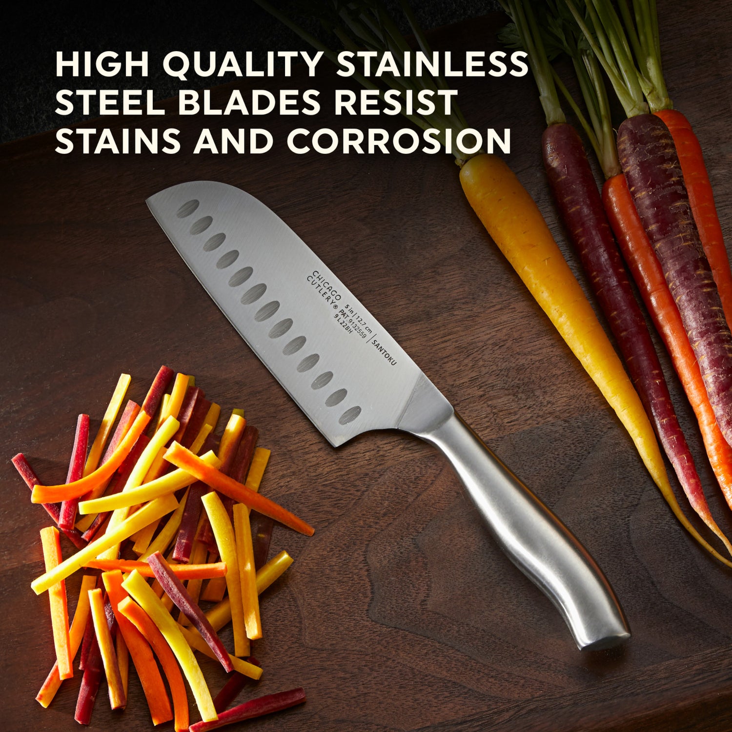 Insignia Steel Santoku with text high quality stainless steel blades resist stains & corrosion