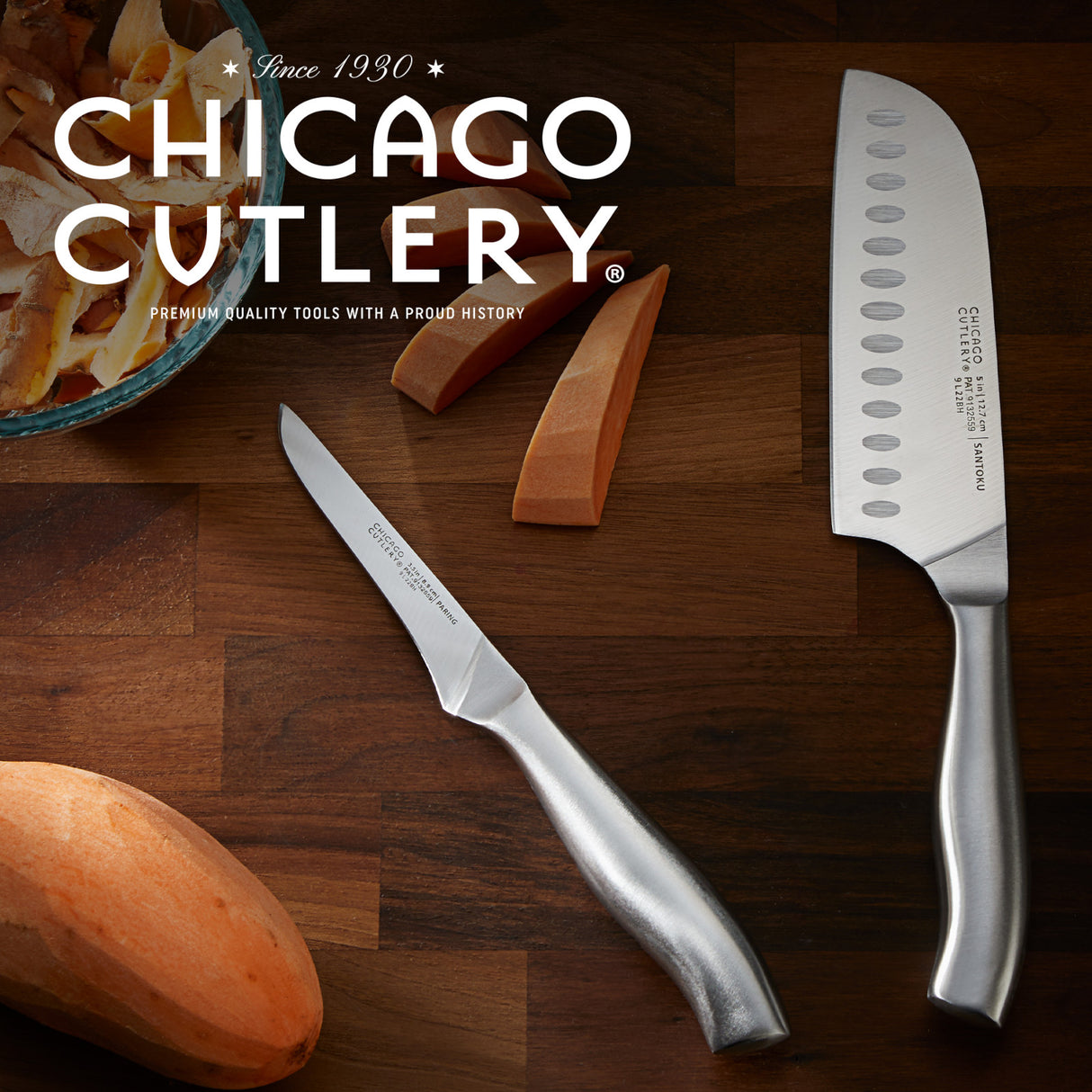 Insignia Steel Santoku & peeling knife on cutting board with text Chicago Cutlery premium quality tools with a proud history since 1930