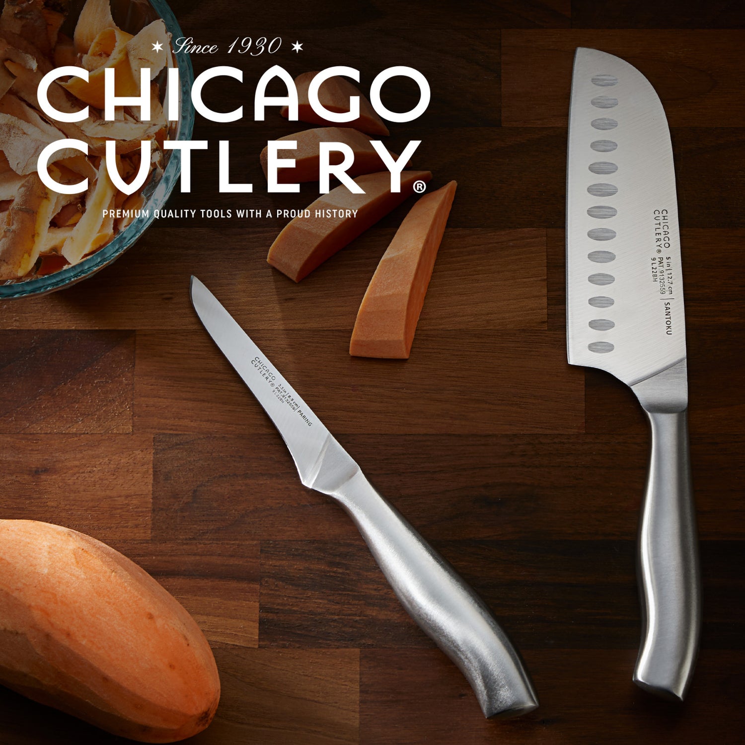 Insignia Steel Santoku & peeling knife on cutting board with text Chicago Cutlery premium quality tools with a proud history since 1930