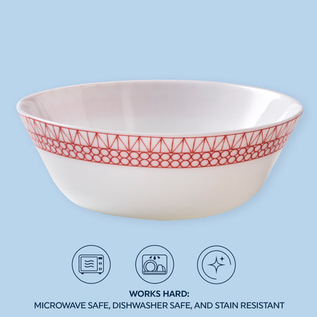 Graphic Stitch 18oz bowl - text: works hard microwave, dishwasher safe & stain resistant