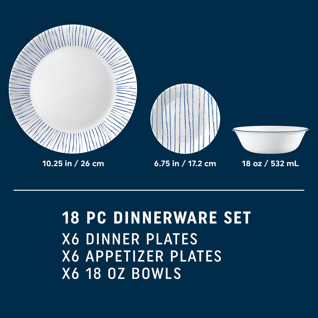 Corelle® Nautical Stripes 18-piece Dinnerware Set, Service for 6