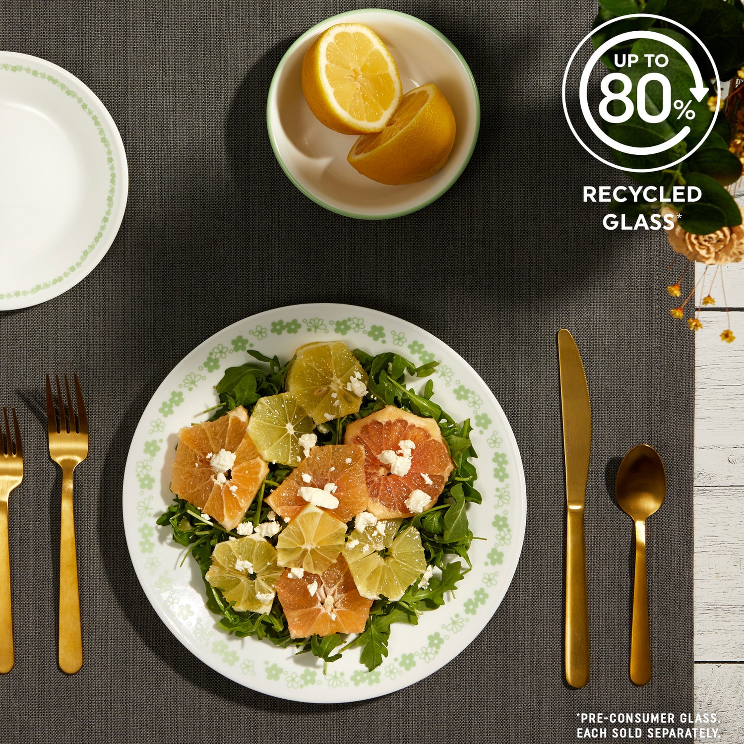 Spring Blossom Green dinnerware with text up to 80% recycled glass