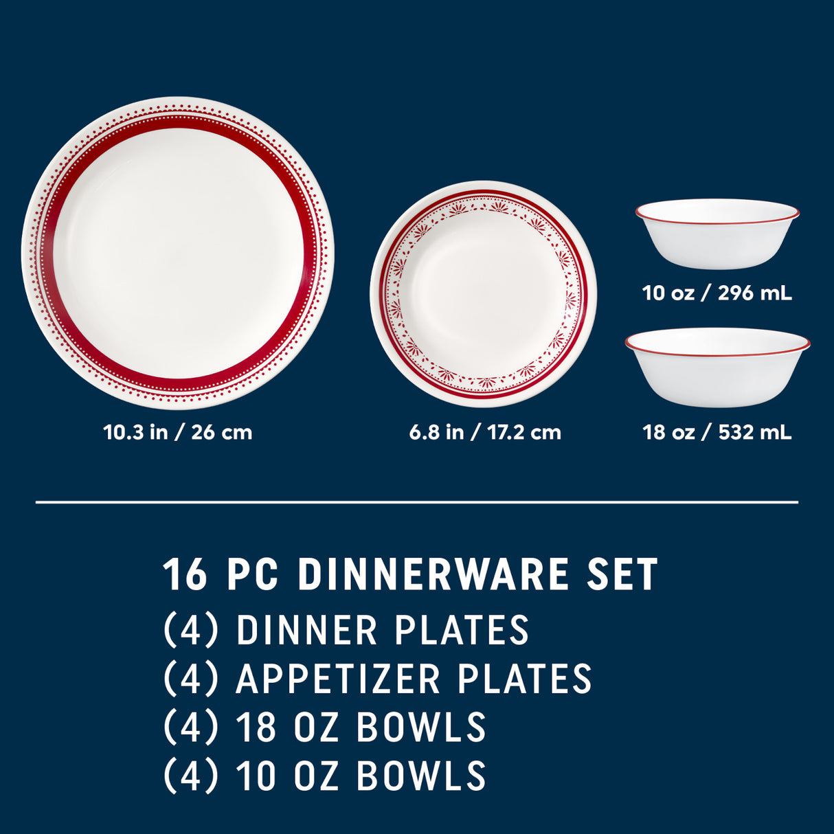 image of Sadie dinner & appetizer plates plus cereal & condiment bowls with dimensions / capacity