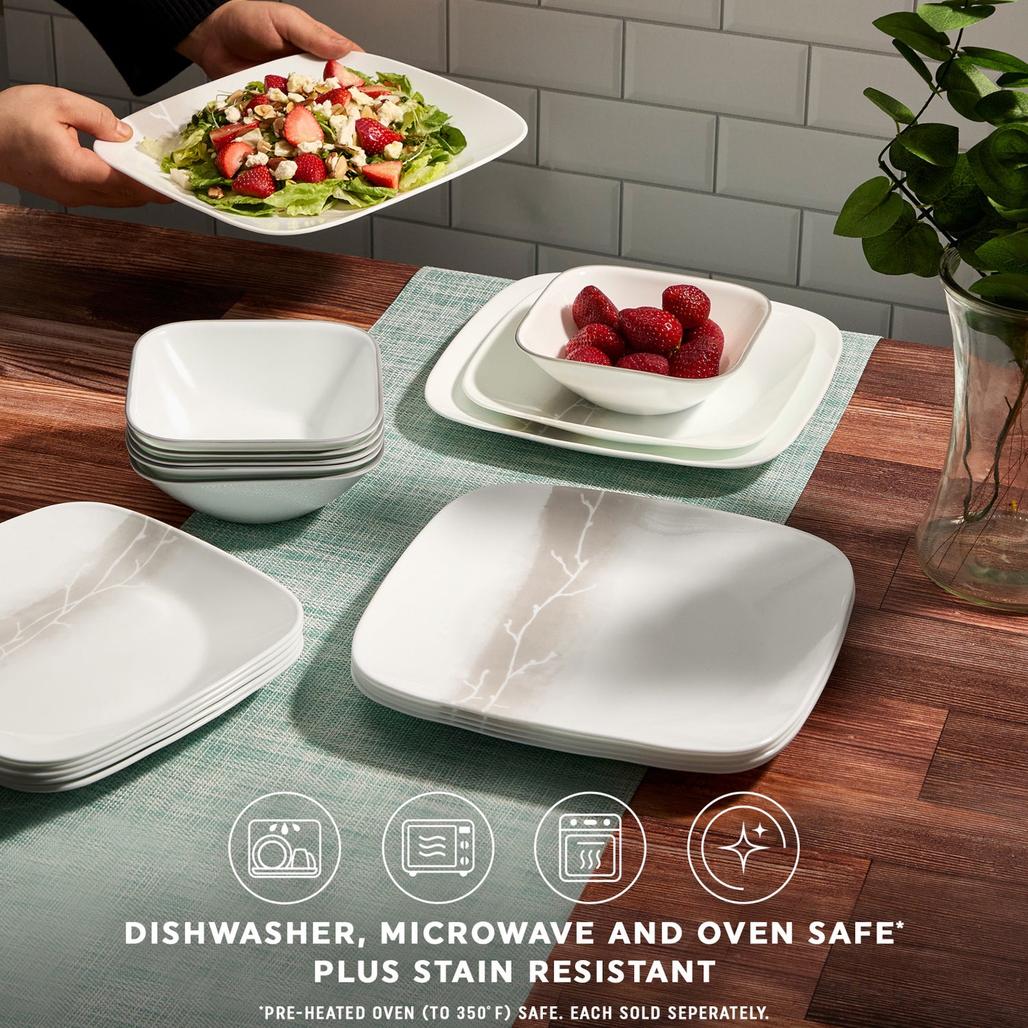 Wandering Grove dinner set on table with text dishwasher, microwave & oven safe plus stain resistant