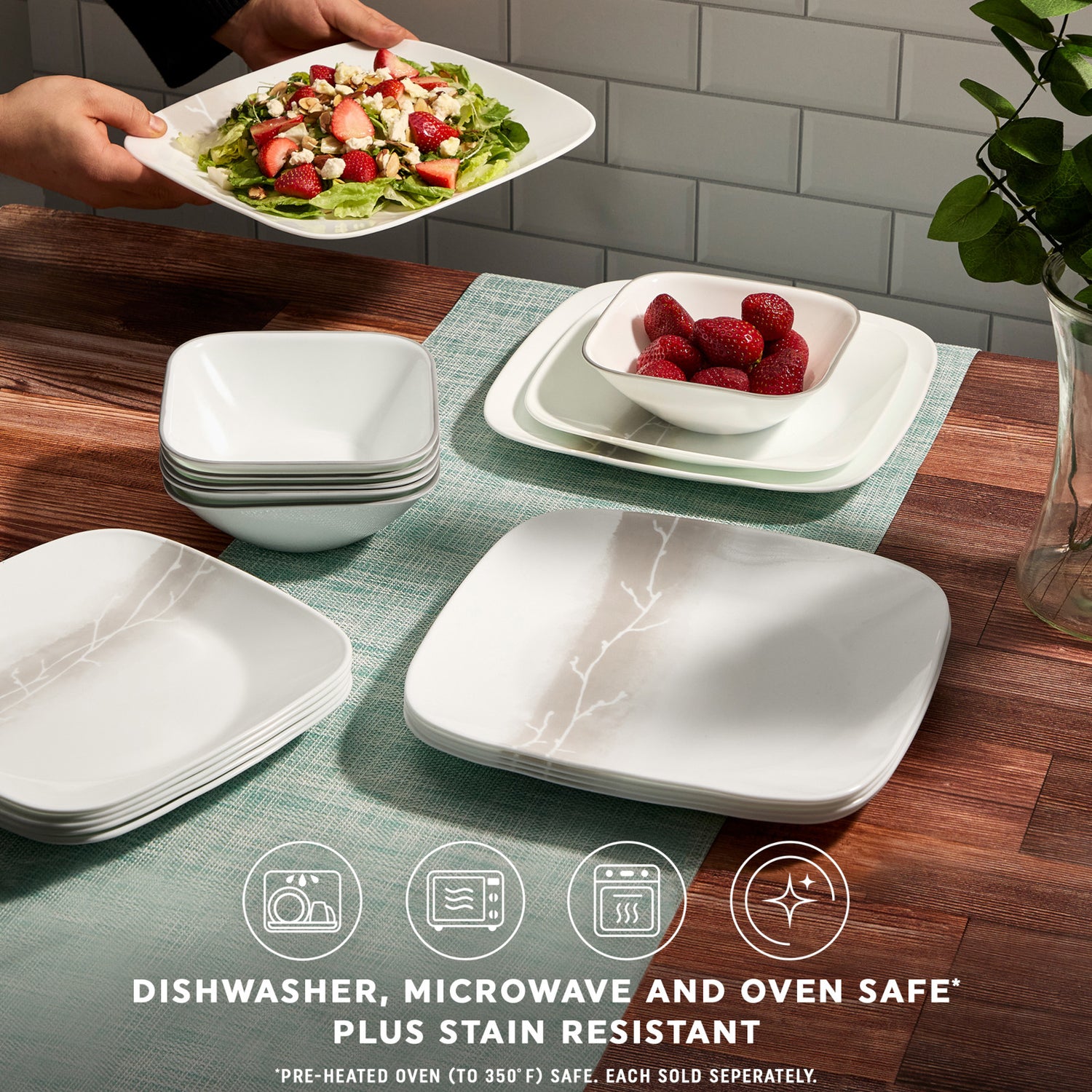 Wandering Grove dinnerware on table with text dishwasher, microwave & oven safe plus stain resistant