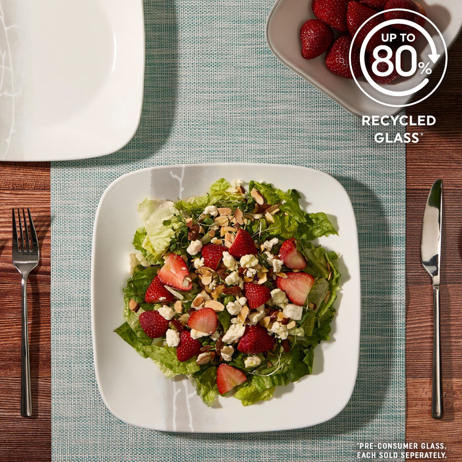 Wandering Grove Salad Plate with text up to 80% recycled glass