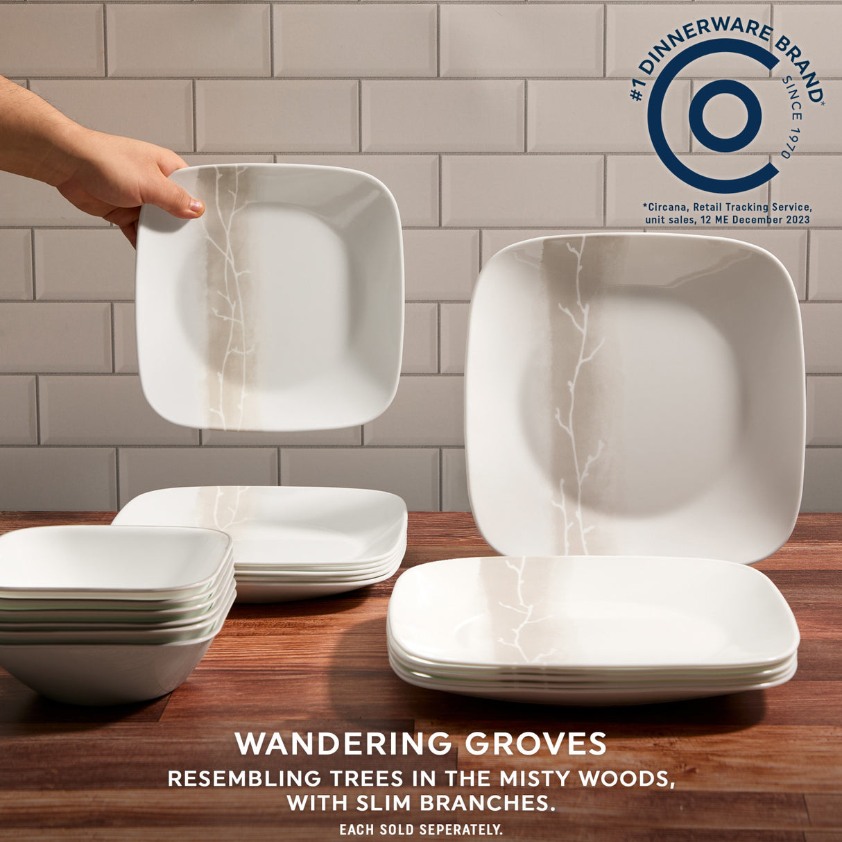 text #1 Corelle dinnerware brand since 1970 and Wandering Grove resembling trees in the misty woods with slim branches