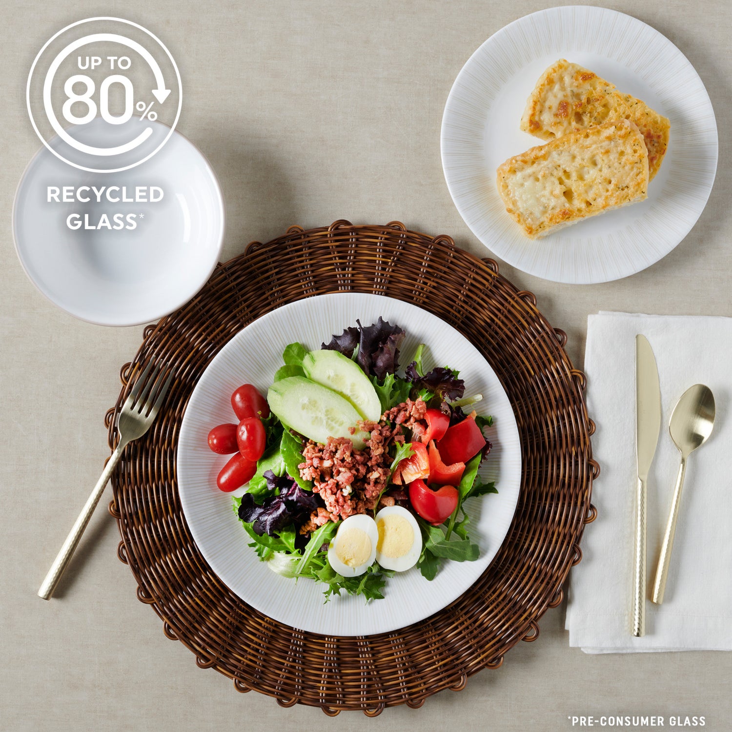 Hushed Lines dinner and salad plate and cereal bowl with text up to 80% recycled glass
