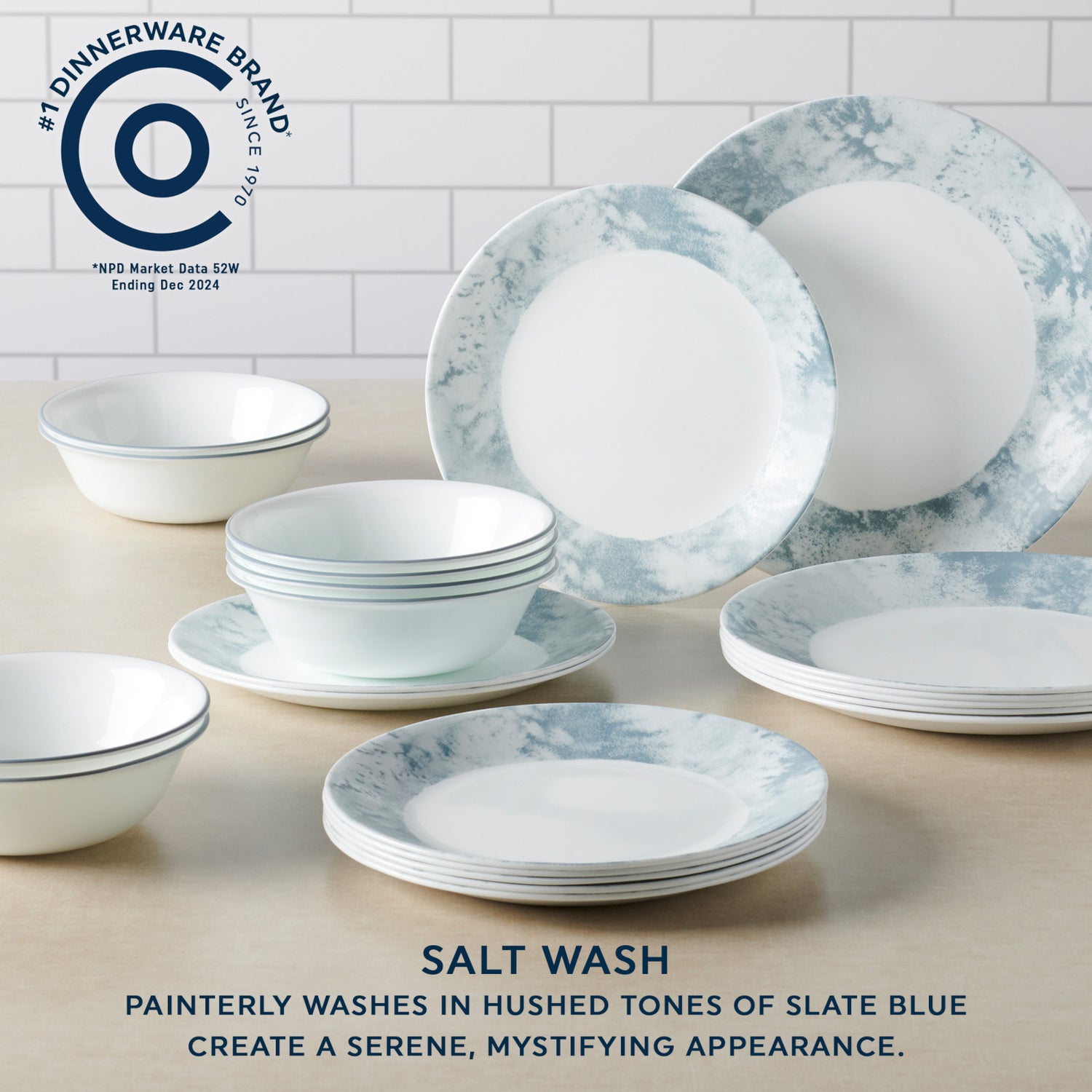 Salt Wash 12-piece Dinnerware Set with text #1 dinnerware brand; Salt Wash painterly washes in Hushed Tones of slate blue create a serene, mystifying appearance.