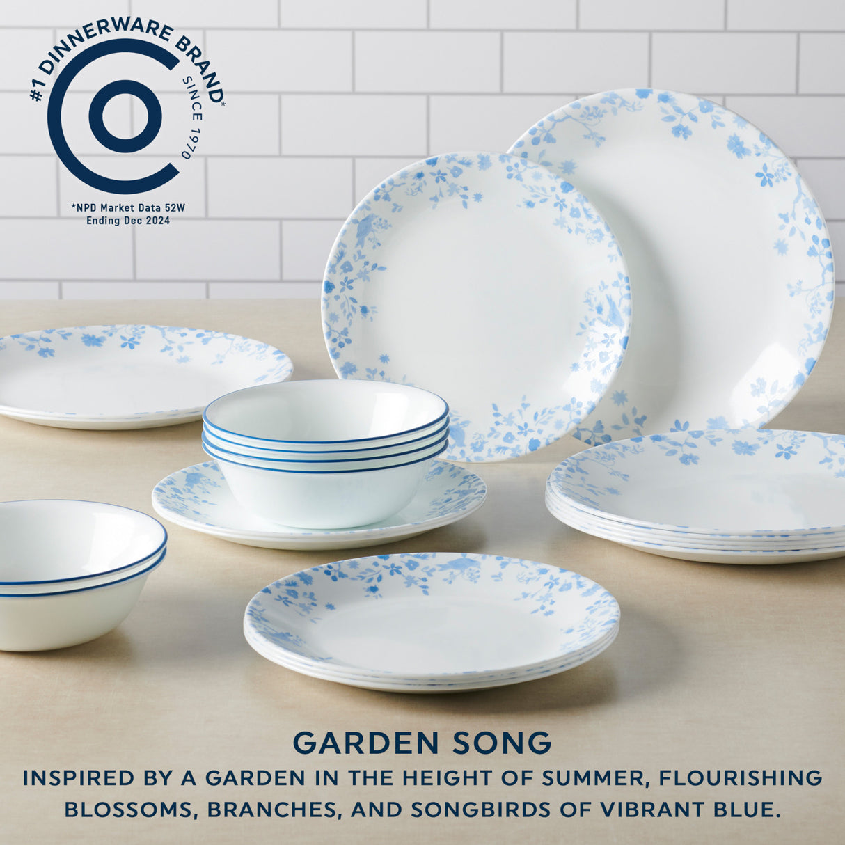 Garden Song 12-piece Dinnerware Set with text #1 dinnerware brand; Garden Song inspired by a garden in the height of summer, flourishing blossoms, branches and songbirds of vibrant blue