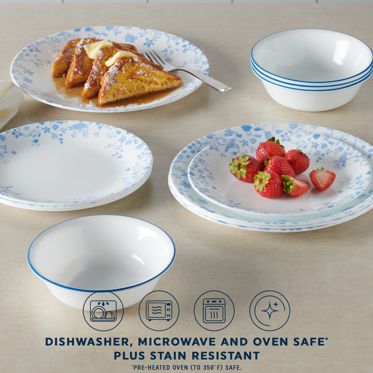 Garden Song 12-piece Dinnerware Set with text dishwasher, microwave and oven safe plus stain resistant