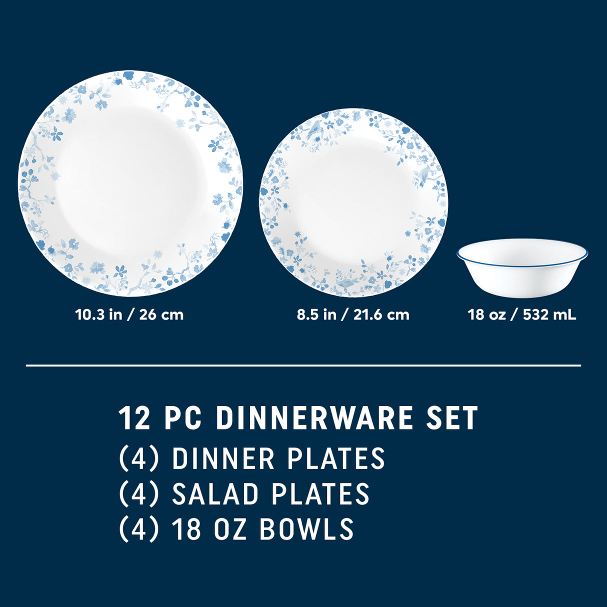 Image of dinnerplate, salad plate cereal bowl showing dimensions of each