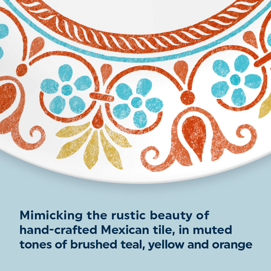 Upclose image of Terracotta Dreams dinnerplate with text mimicking the rustic beauty of hand-crafted Mexican tile, in muted tones of brushed teal, yellow and orange