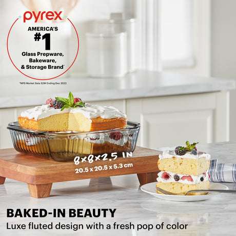 text Pyrex  Americas #1 Glass Prep, Bakeware & storage brand with photo of 8" baking dish