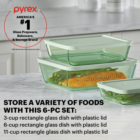 Simply Store Tinted Green Rectangle Storage with text Pyrex Americas #1 glass prep & bakeware & storage brand