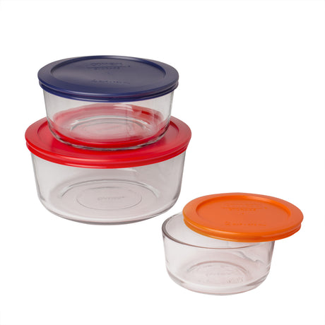 6-piece food storage with orange, blue & red lids