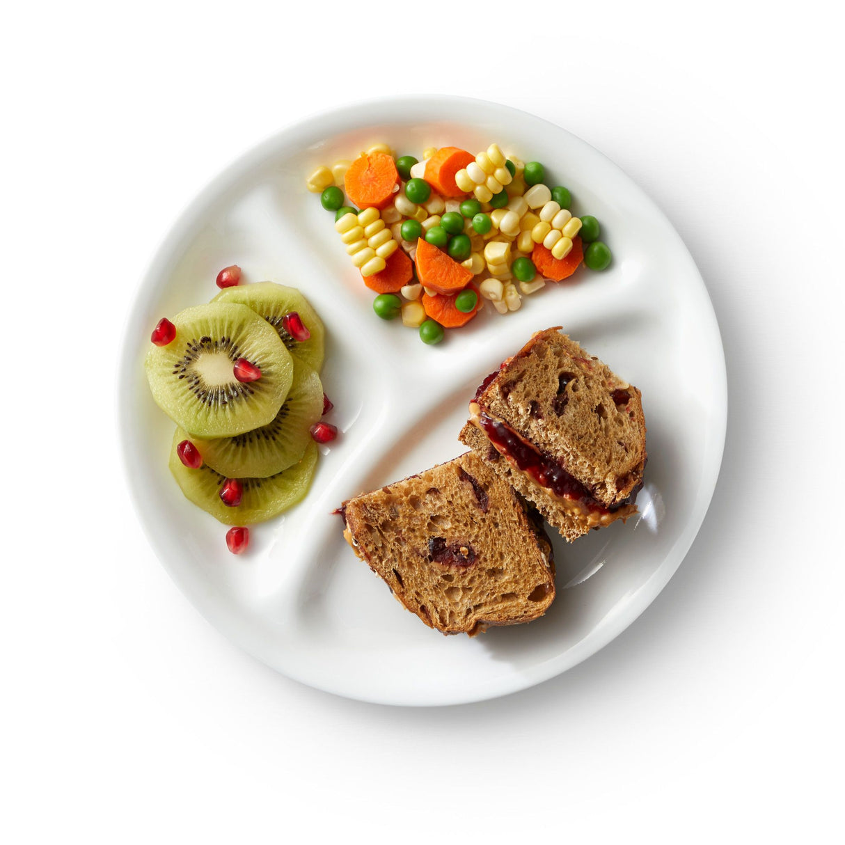 Winter Frost White 8.5" Divided Salad Plate with veggies and sandwich