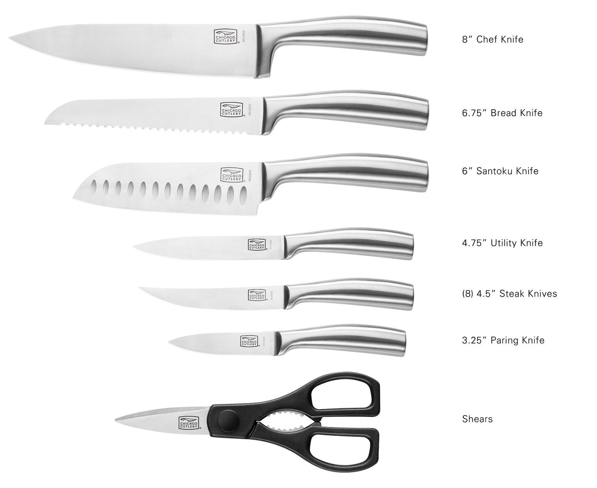 Malden™ knives and shears displayed individually with dimensions noted