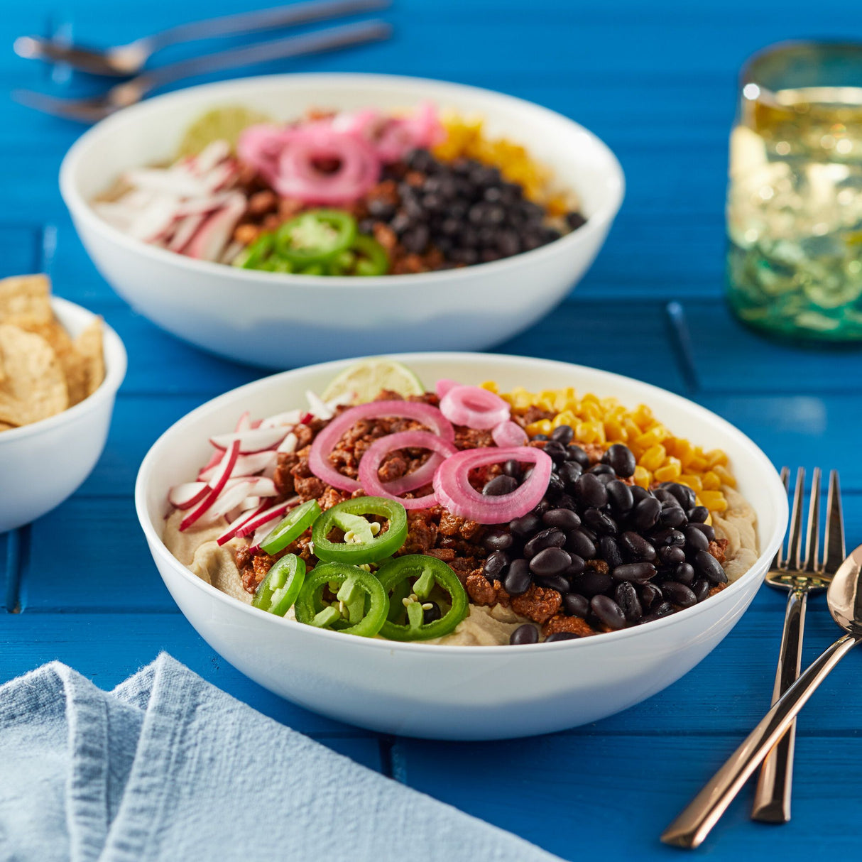 Winter Frost White 46-ounce Meal Bowl on the table with food