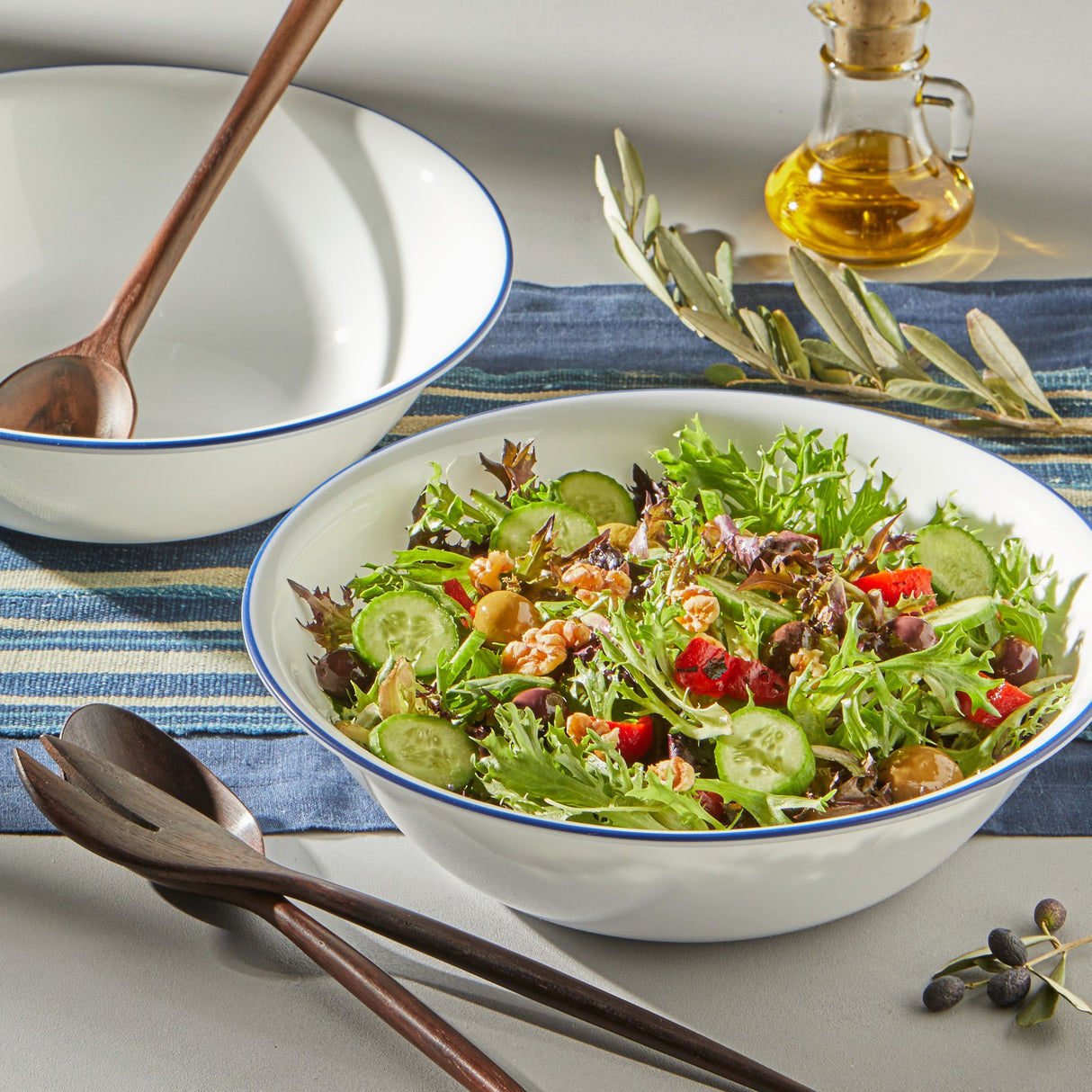 Brilliant Blue Banded 2-quart Serving Bowl Set, 2-pack with food inside