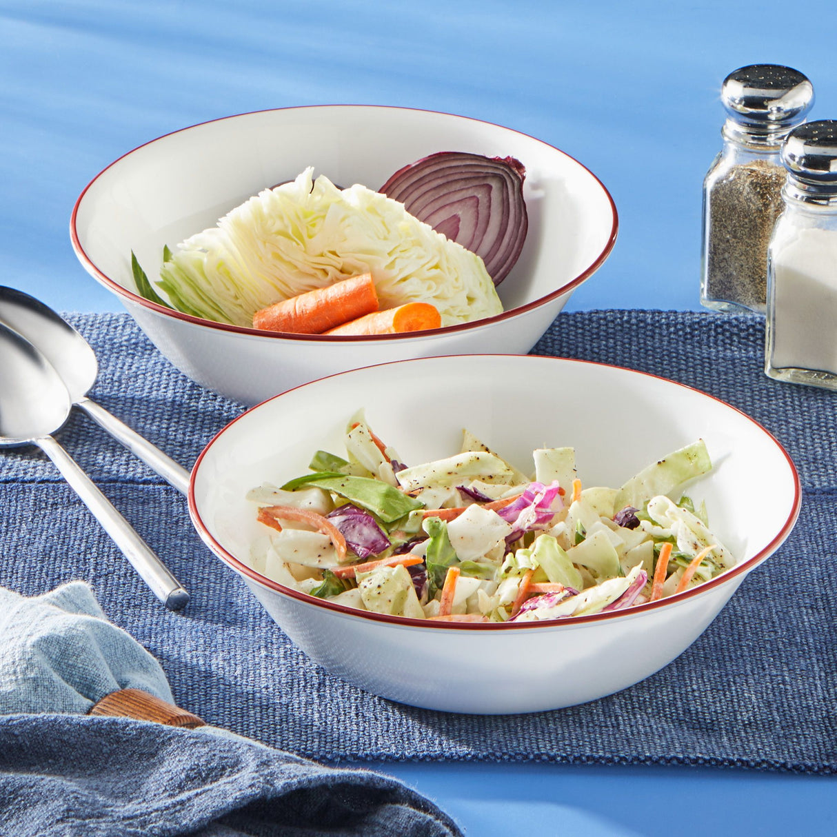 Radiant Red Banded 1-quart Serving Bowl Set, 2-pack with food inside