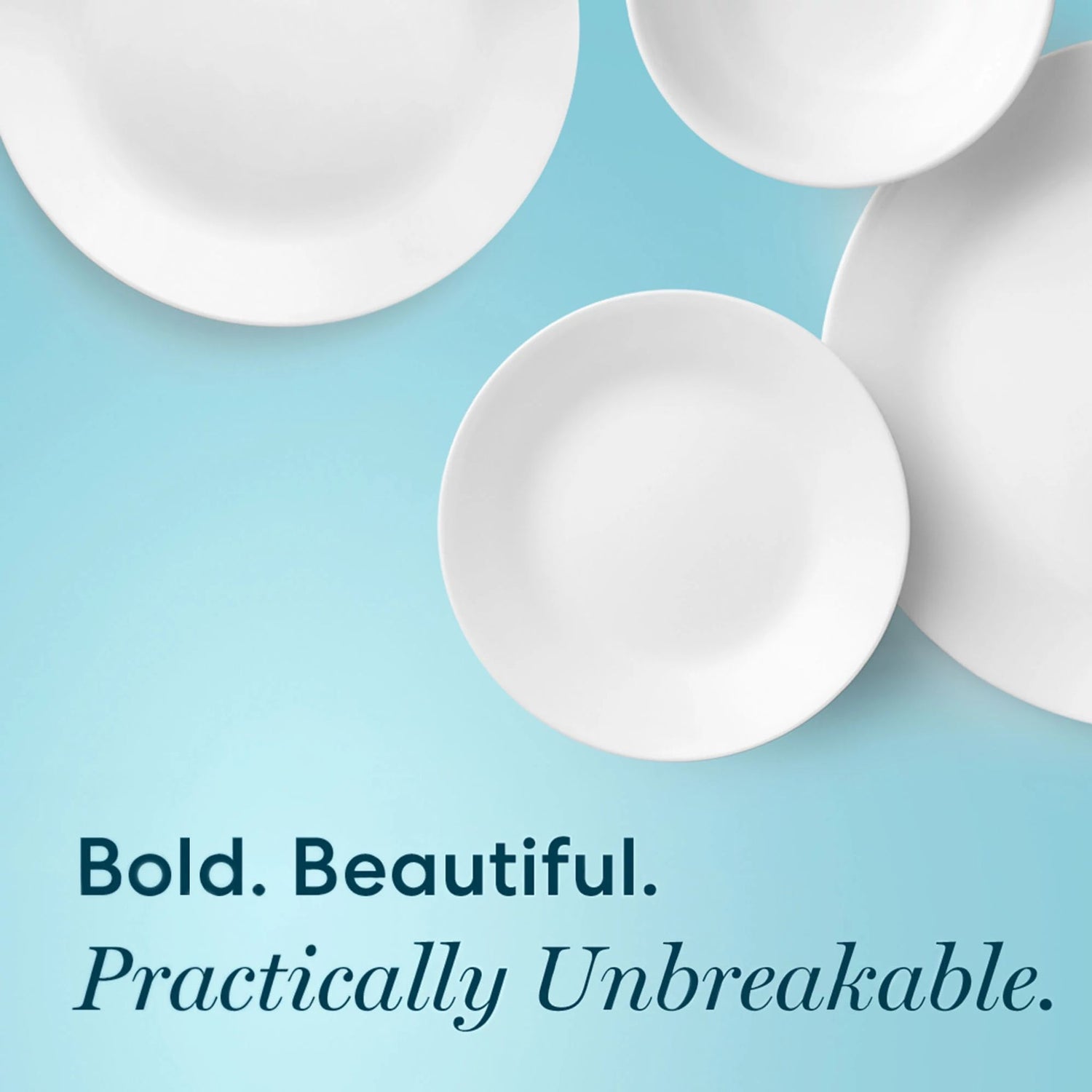 Winter Frost White plates & bowl with text bold, beautiful, practically unbreakable