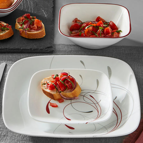  Square Splendor Dinnerplate, appetizer plate &amp; cereal bowl on table with food inside