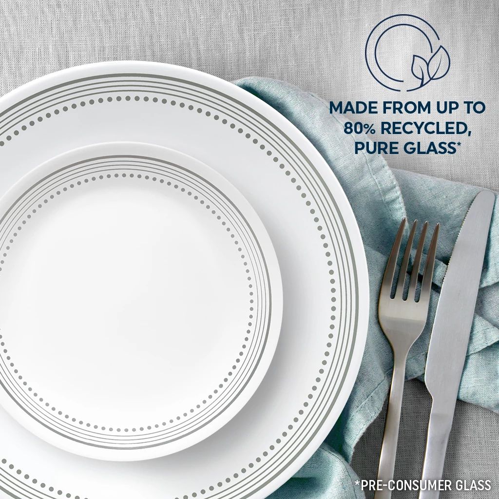 Mystic Gray dinnerware & appetizer plate with text madefrom up to to 80% recycled pure glass
