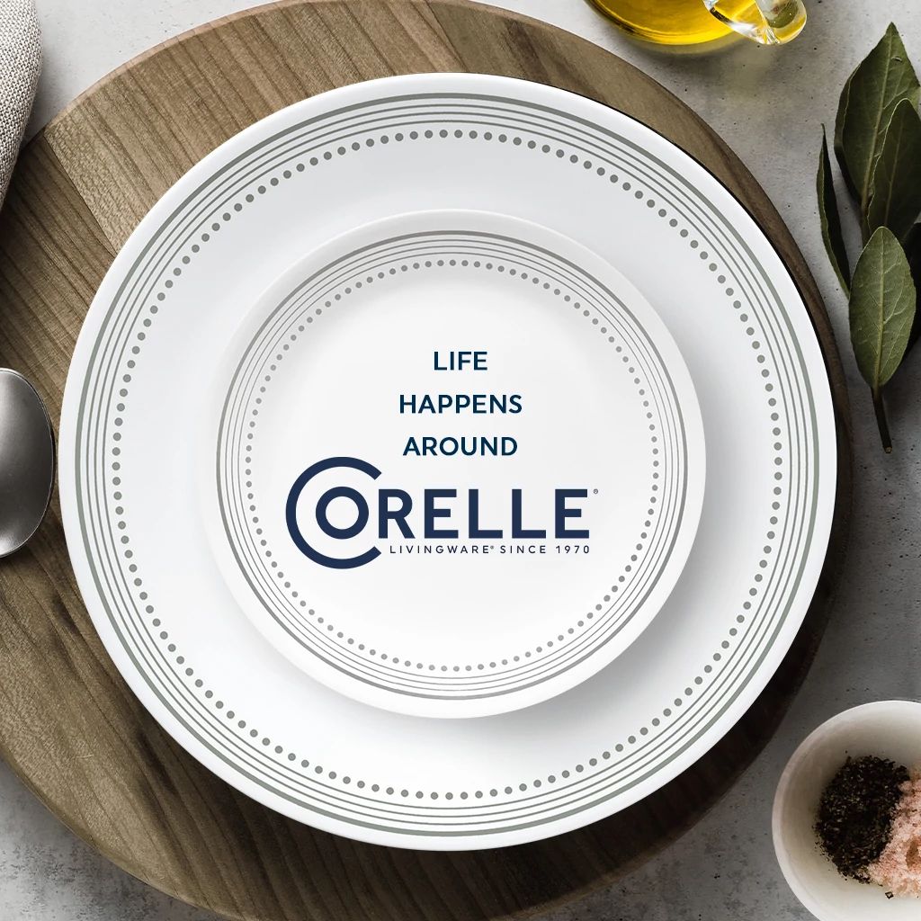 Mystic Gray dinner & appetizer plate with text life happens around corelle