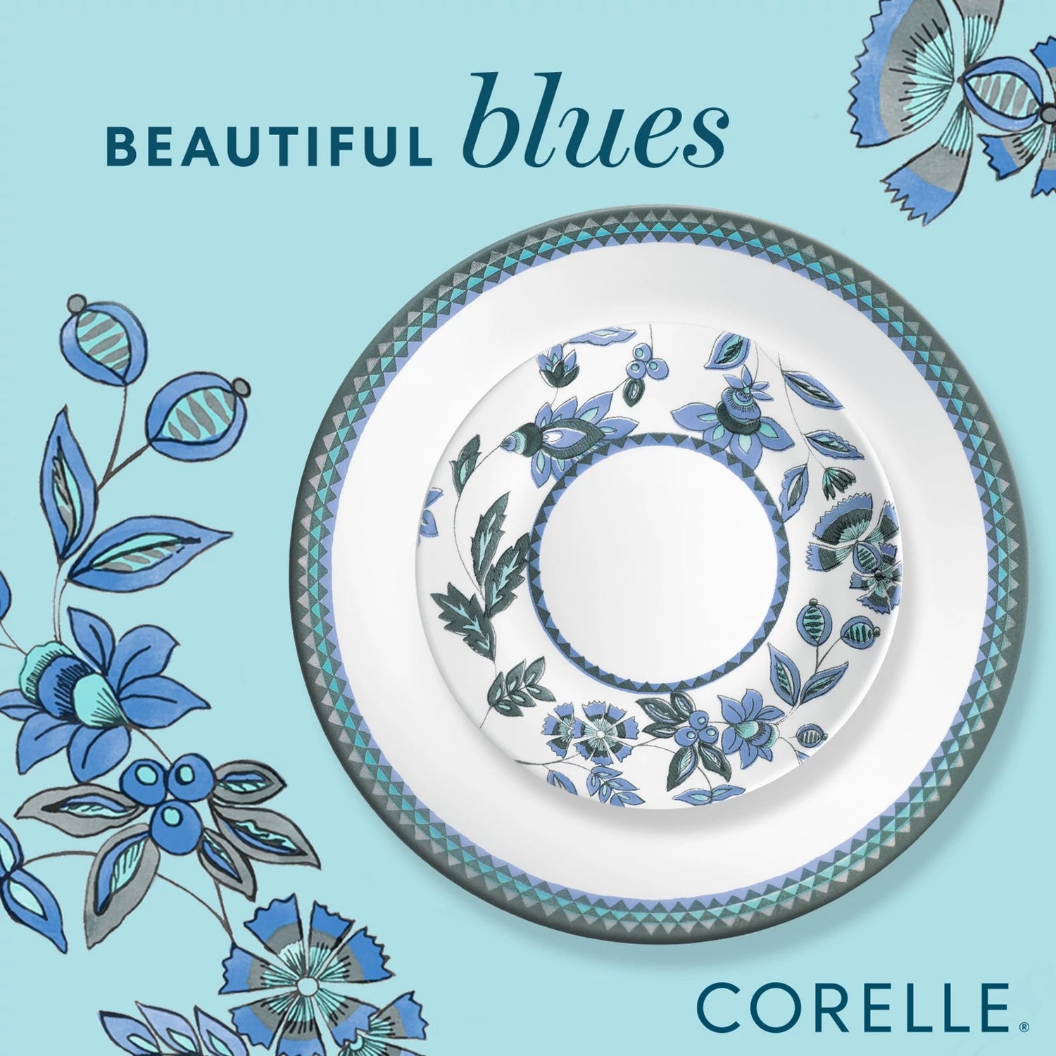 Veranda dinnerplate with appetizer plate showing how the coordinate, with text that says beautiful blues