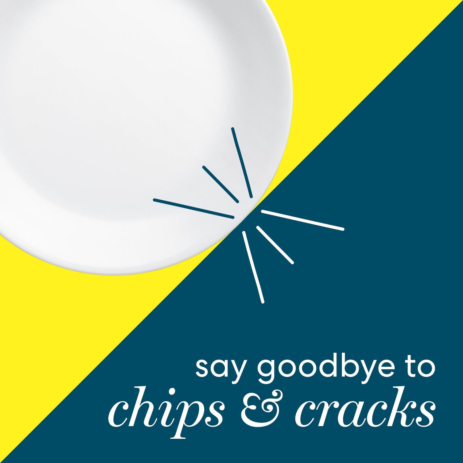 say goodbye to chips and cracks text with white plate