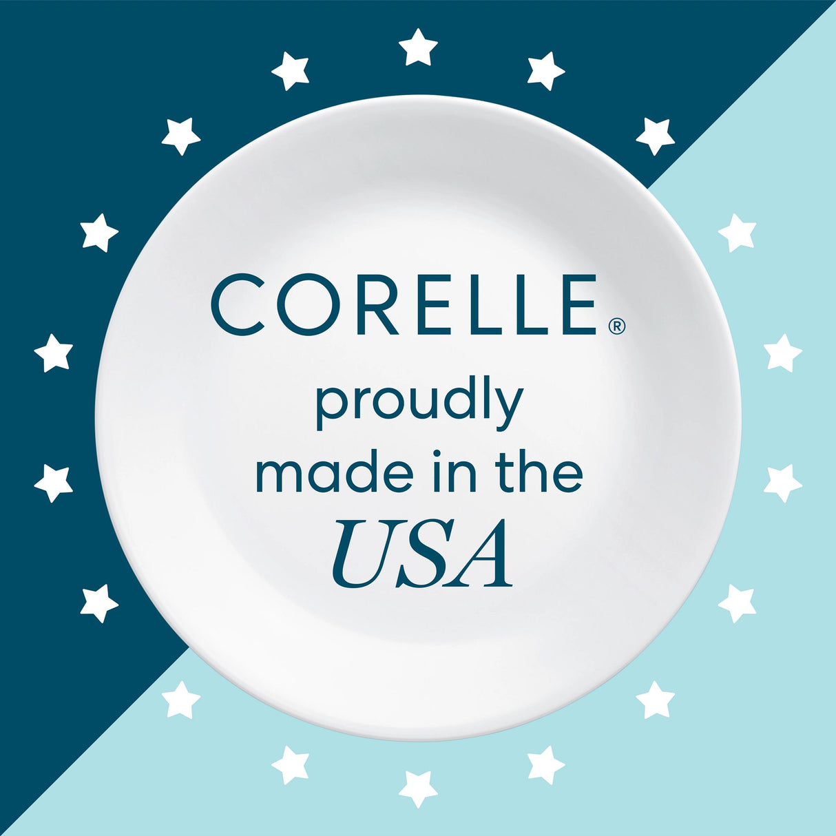  corelle, proudly made in the USA tex on white plate 