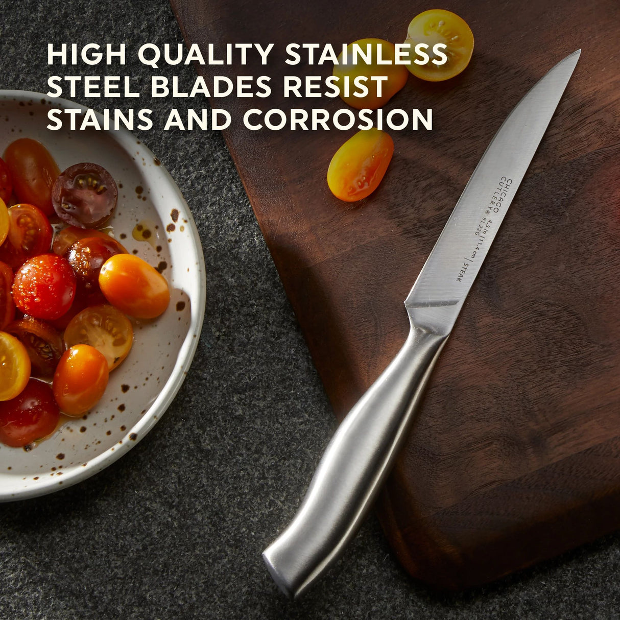 Insignia Steel Steak Knife Set with text high quality stainless steel blades resist stains & corrosion