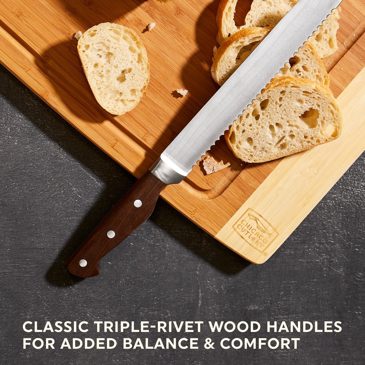  Precision Cut bread knife on cutting board with text classic triple-rivet wood handles for added balance &amp; comfort