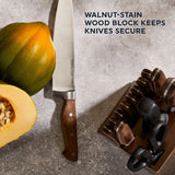  Precision Cut chef knife on table in front of set with text walnut stain wood block keeps knives secure