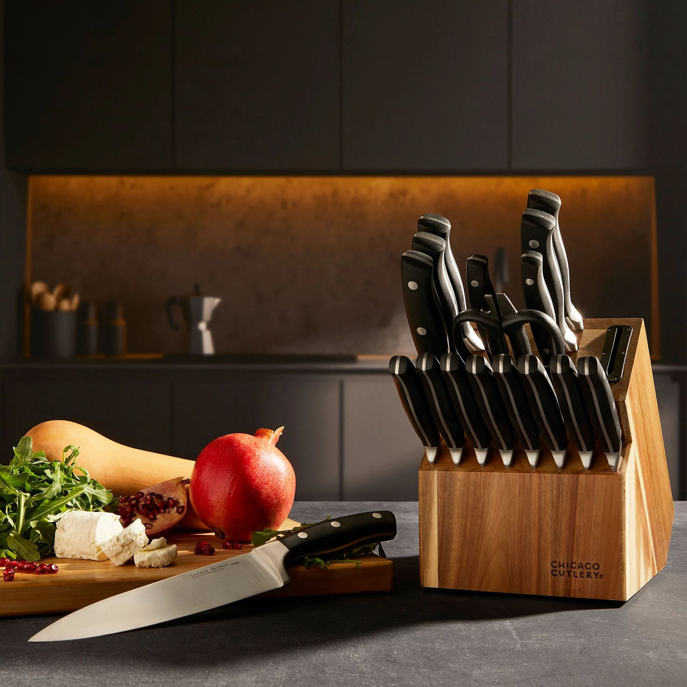 Insignia Classic 18-pc Knife Set on counter with table