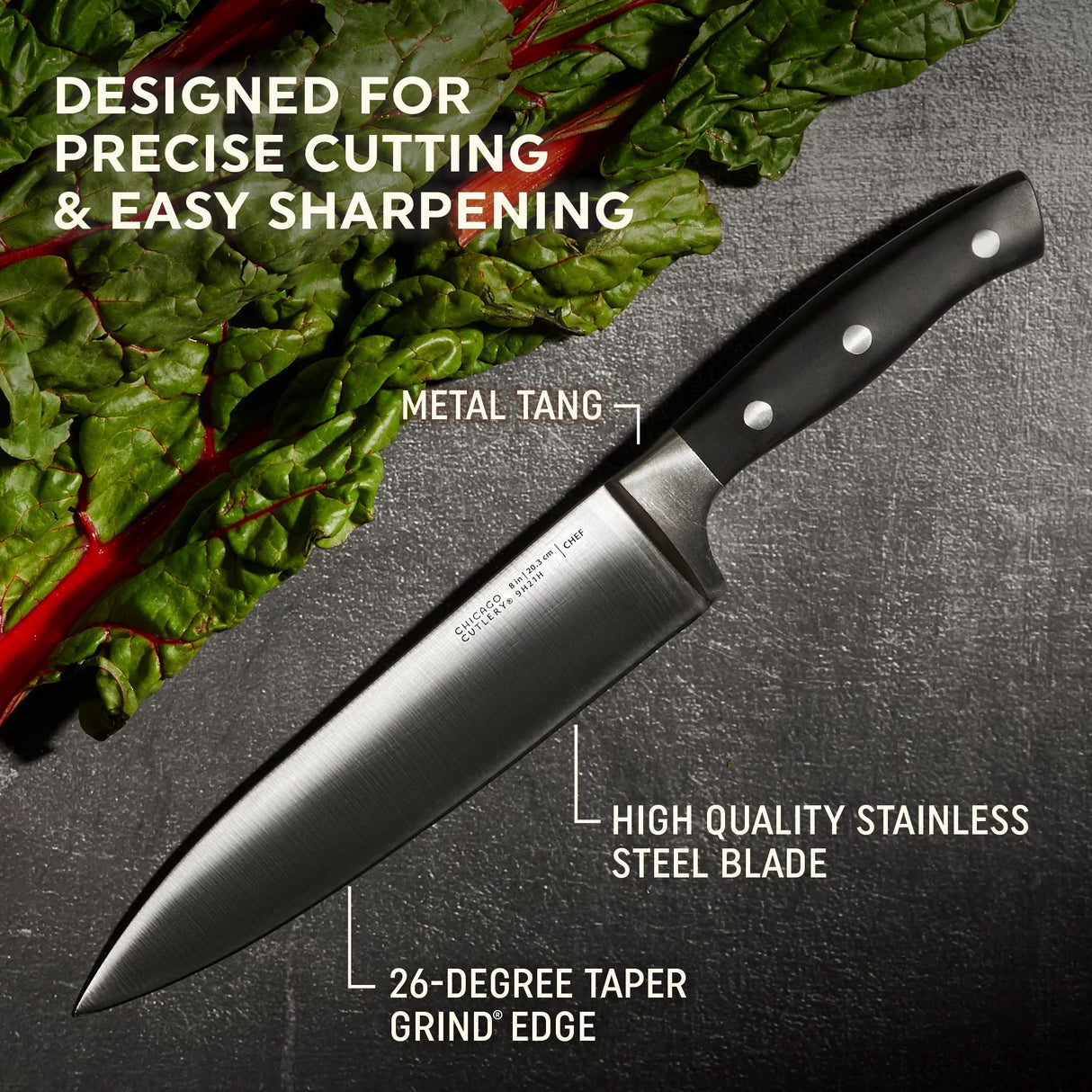 Insignia Classic Chef Knife with text designed for precise cutting & easy sharpening