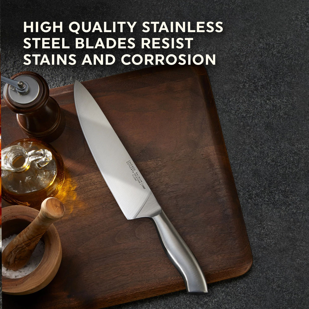Insignia Steel Chef Knife with text high quality stainless steel blades resist & corrosion